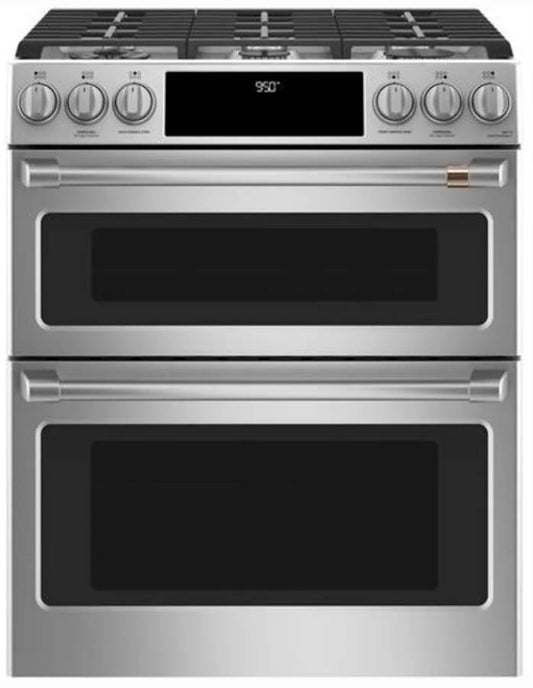 30 INCH GE Cafe C2S950P2M4S1 Slide-In Dual Fuel Range 6 Burners New Open Box , 7.0 CU FT Double Oven Self Clean Double Oven , Sealed , Probe , Steam Clean , LED Control Panel,  Chef Connect , 21K Triple Ring Stainless Steel ADA Compliant