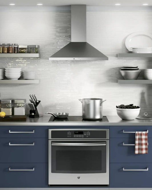 30 INCH GE JVW5301SJSS Wall Chimney  Range Hood * New Open Box * 350 CFM Blower ,  Dishwasher Safe Filters, Auto-Off, Halogen Lights ,  Night Light, Stainless Steel , Optional Remote Control