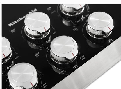 36 INCH KitchenAid KCED606GSS Electric Downdraft Cooktop NEW Open Box 5 Elements ,  Ceramic Glass Downdraft Ventilation ,  Even Heat Ultra Element , 300 CFM , 3 Speed Fan ,  Double Ring ,  Hot Surface Indicator , UL, Stainless Steel , Black .