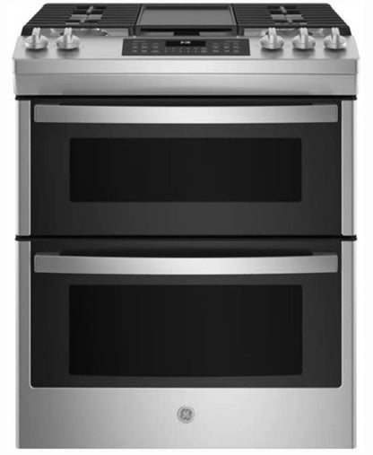 30 INCH GE  JGSS86SPSS  Slide In Double Oven Gas Range , 5 Sealed Burners, 6.7 Total Oven, Continuous Cast Iron Grate, Integrated Griddle, Steam Clean, ADA * New Open Box *