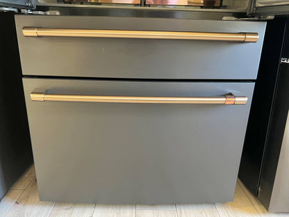 36 INCH GE Cafe CXE22DP3PD1  * New Open Box *. Counter Depth 4-Door French Door Smart Refrigerator  22.3 Cu. Ft. Hands-Free Autofill, Humidity Control System,  Convertible Drawer, Multiflow Air, Enhanced Shabbos,  Wi-Fi, ENERGY STAR Matte Black .