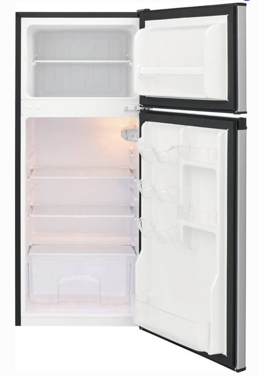 19 INCH Frigidaire FFPS4533UM Compact Top Freezer Refrigerator * New Open Box  4.5 cu. ft., Easy Access Can Holders,  Adjustable Glass Shelves, Full-Width Freezer,  Interior Light, Clear Crisper Drawer, Energy Star , Stainless Steel .