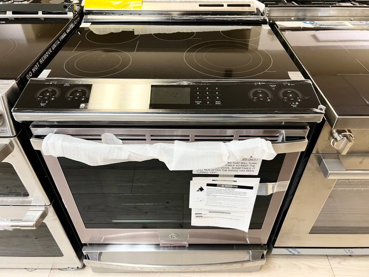 30 Inch GE Profile PSS93YP9FS Slide-In Electric Range New Open Box * 5.3 Cu Ft True Convection Oven , Storage Drawer ,  100 Warming Zone , Steam Clean , Wi-Fi ,  Adjustable Oven Racks ,  Fingerprint Resistant Stainless Steel .