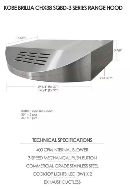 36 INCH KOBE 400 CFM Ductless Under Cabinet Range Hood * New Open Box * CHX3836SQBD3 , Stainless Steel