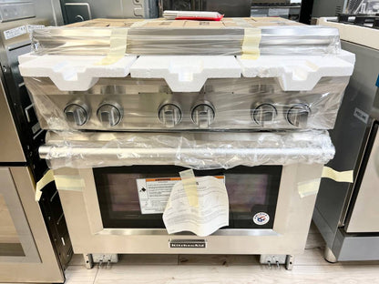 36 INCH Kitchenaid KDRS467VSS Dual Fuel Range * New Open Box * Stainless Steel , 6 Sealed Burners , Commercial Style , Continuous Grates , Hidden Bake Element, Proofing , Bread, Even Heat , 2 20k BTU Ultra Power Dual Flame Burners