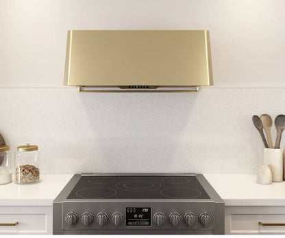 36 INCH Zephyr Designer Mesa DMEM90ASGX Wall Mount Range Hood GOLD with Invisible Touch Controls ,  Try-Level LED , Baffle Filters, Multiple Blower Options. ,  Clean Air Funciton , Delay-Off , UL Listed, New Open Box