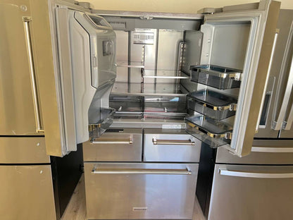 36 INCH KitchenAid KRMF706ESS 5-Door French Door Refrigerator * New Open Box *Freestanding 5-Door French Door Refrigerator 25.8 cu. ft., 5 Shelves, 2 Soft-Close Drawers, Exterior Ice and Water Dispenser, LED Lighting Sabbath Stainless Steel