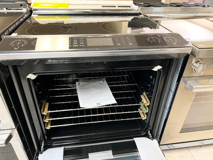 30 Inch GE Profile PSS93YP9FS Slide-In Electric Range New Open Box * 5.3 Cu Ft True Convection Oven , Storage Drawer ,  100 Warming Zone , Steam Clean , Wi-Fi ,  Adjustable Oven Racks ,  Fingerprint Resistant Stainless Steel .