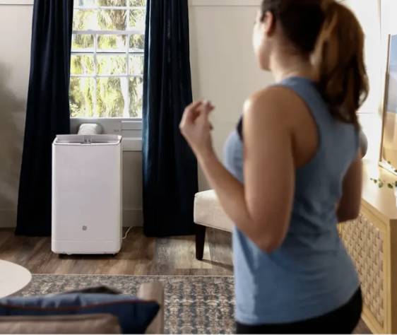 GE 450 Sq. Ft. 10,400 BTU Smart Portable Air Conditioner White * New Open Box * 3 in 1 Portable Air , Wi-Fi , Auto Evaporation , Remote Control , LED Controls , 24 Hr Timer , Continuous Fan , Window Installation Kit ,