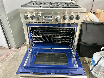 36 INCH WOLF  Professional Style Dual Fuel Gas Range 5.4 cu. ft. Dual Convection Oven, 6 Dual-Stacked Sealed Burners,Temperature Probe, Continuous Grates,  Natural Gas , Stainless Steel, Used Condition .