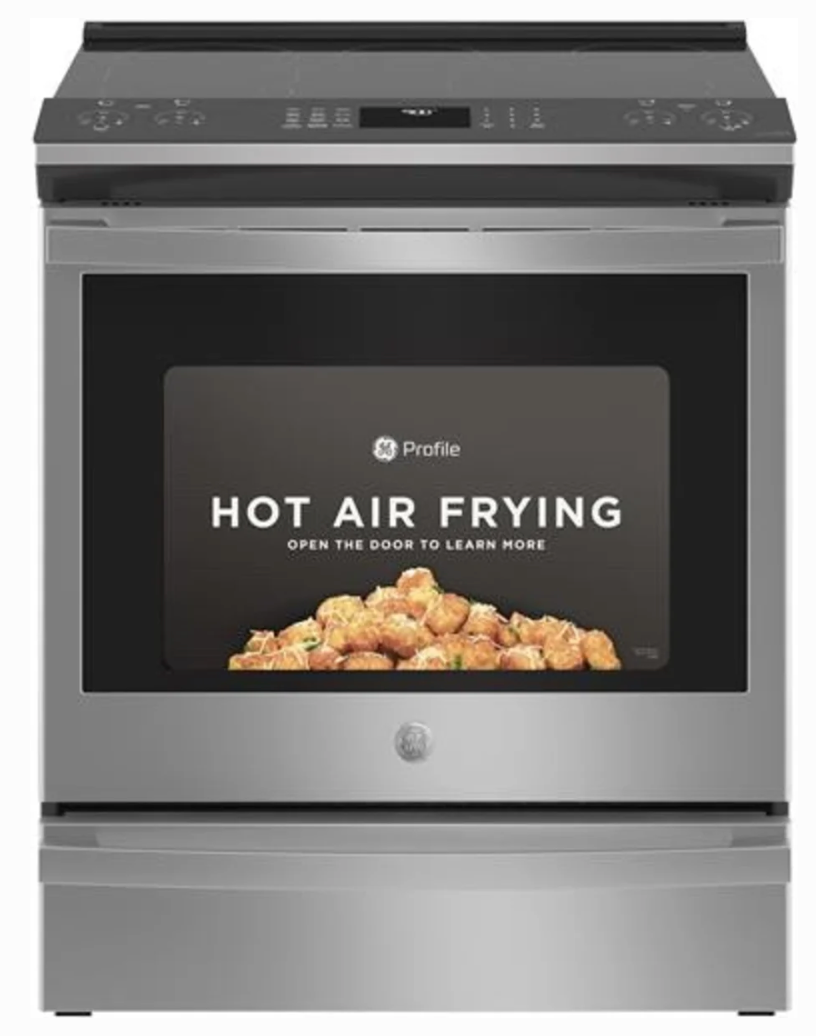 30 Inch GE Profile PSS93YP9FS Slide-In Electric Range New Open Box * 5.3 Cu Ft True Convection Oven , Storage Drawer ,  100 Warming Zone , Steam Clean , Wi-Fi ,  Adjustable Oven Racks ,  Fingerprint Resistant Stainless Steel .