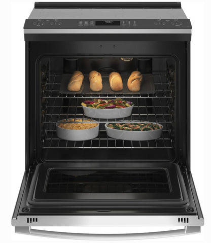 30 Inch GE Profile PSS93YP9FS Slide-In Electric Range New Open Box * 5.3 Cu Ft True Convection Oven , Storage Drawer ,  100 Warming Zone , Steam Clean , Wi-Fi ,  Adjustable Oven Racks ,  Fingerprint Resistant Stainless Steel .