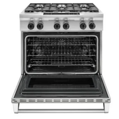 36 INCH Kitchenaid KDRS467VSS Dual Fuel Range * New Open Box * Stainless Steel , 6 Sealed Burners , Commercial Style , Continuous Grates , Hidden Bake Element, Proofing , Bread, Even Heat , 2 20k BTU Ultra Power Dual Flame Burners