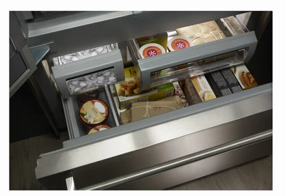 42 INCH KitchenAid  KBFN502ESS  Built-In French Door Refrigerator 24.2 cu. ft., 4 Glass Shelves, Preserva Food Care System, Automatic Ice Maker, Platinum Interior, LED * New Open Box * Door Open Alarm, Sabbath, ENERGY STAR Stainless Steel