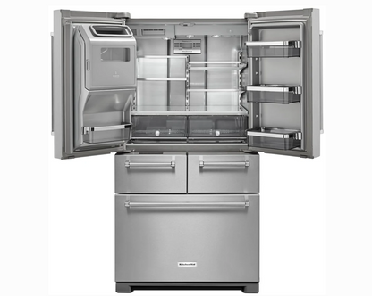 36 INCH KitchenAid KRMF706ESS 5-Door French Door Refrigerator * New Open Box *Freestanding 5-Door French Door Refrigerator 25.8 cu. ft., 5 Shelves, 2 Soft-Close Drawers, Exterior Ice and Water Dispenser, LED Lighting Sabbath Stainless Steel