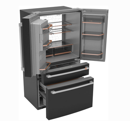 36 INCH GE Cafe CXE22DP3PD1  * New Open Box *. Counter Depth 4-Door French Door Smart Refrigerator  22.3 Cu. Ft. Hands-Free Autofill, Humidity Control System,  Convertible Drawer, Multiflow Air, Enhanced Shabbos,  Wi-Fi, ENERGY STAR Matte Black .