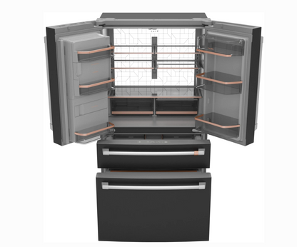36 INCH GE Cafe CXE22DP3PD1  * New Open Box *. Counter Depth 4-Door French Door Smart Refrigerator  22.3 Cu. Ft. Hands-Free Autofill, Humidity Control System,  Convertible Drawer, Multiflow Air, Enhanced Shabbos,  Wi-Fi, ENERGY STAR Matte Black .