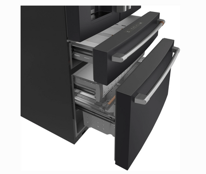 36 INCH GE Cafe CXE22DP3PD1  * New Open Box *. Counter Depth 4-Door French Door Smart Refrigerator  22.3 Cu. Ft. Hands-Free Autofill, Humidity Control System,  Convertible Drawer, Multiflow Air, Enhanced Shabbos,  Wi-Fi, ENERGY STAR Matte Black .
