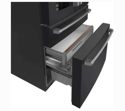36 INCH GE Cafe CXE22DP3PD1  * New Open Box *. Counter Depth 4-Door French Door Smart Refrigerator  22.3 Cu. Ft. Hands-Free Autofill, Humidity Control System,  Convertible Drawer, Multiflow Air, Enhanced Shabbos,  Wi-Fi, ENERGY STAR Matte Black .