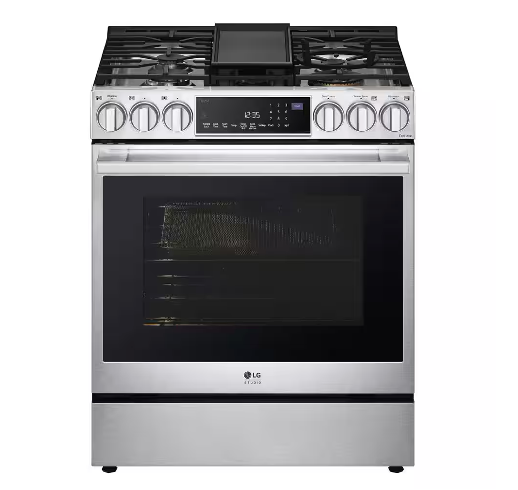 30 INCH LG Studio LSGS6338F Slide-In Gas Smart Range 5 Sealed Burners,6.3 cu. ft. Oven,Storage Drawer, Air Fry, Bake Convection, InstaView Window, Wi-Fi,, Voice Control,Ultra Heat Burner Stainless Steel * New Open Box *