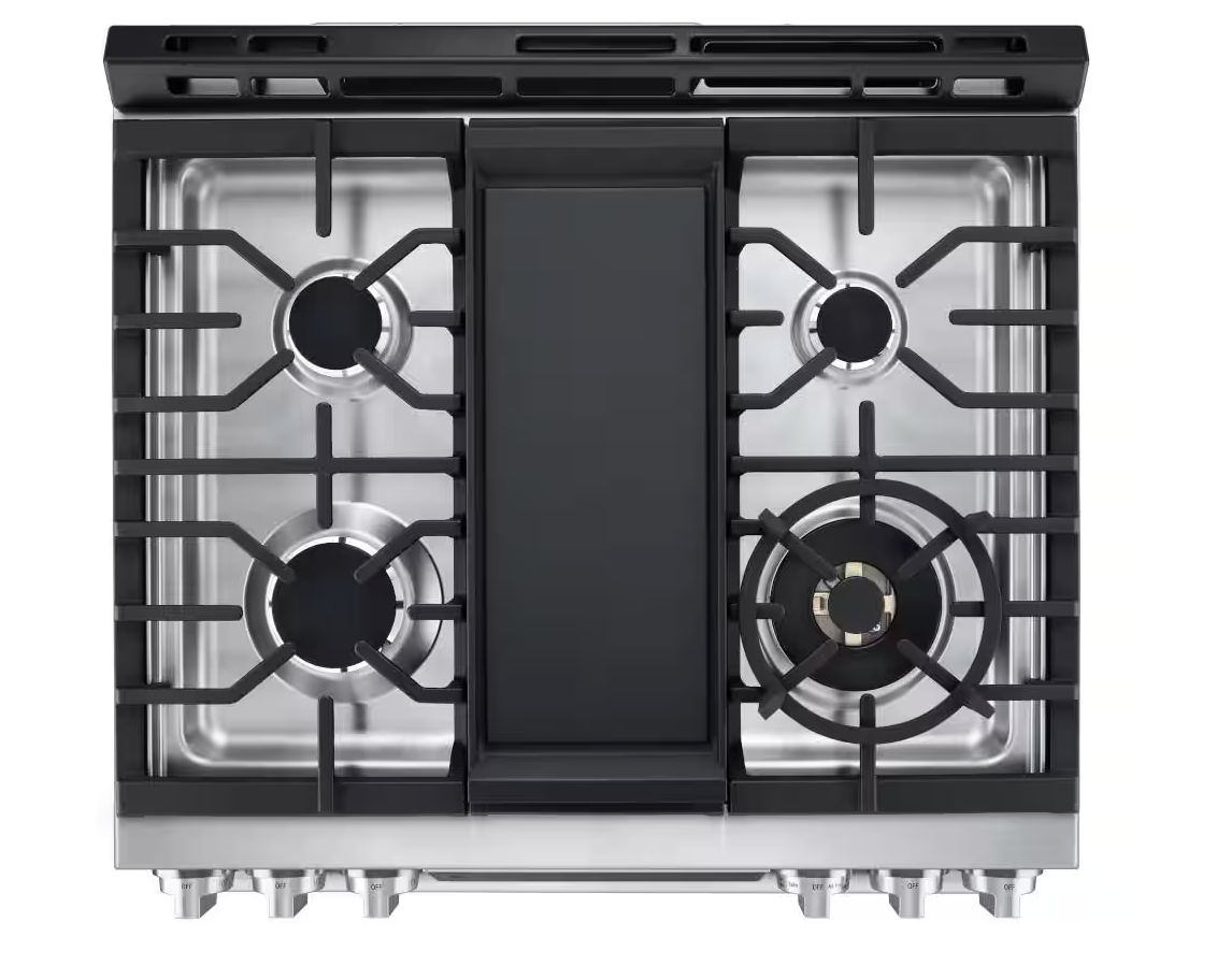 30 INCH LG Studio LSGS6338F Slide-In Gas Smart Range 5 Sealed Burners,6.3 cu. ft. Oven,Storage Drawer, Air Fry, Bake Convection, InstaView Window, Wi-Fi,, Voice Control,Ultra Heat Burner Stainless Steel * New Open Box *