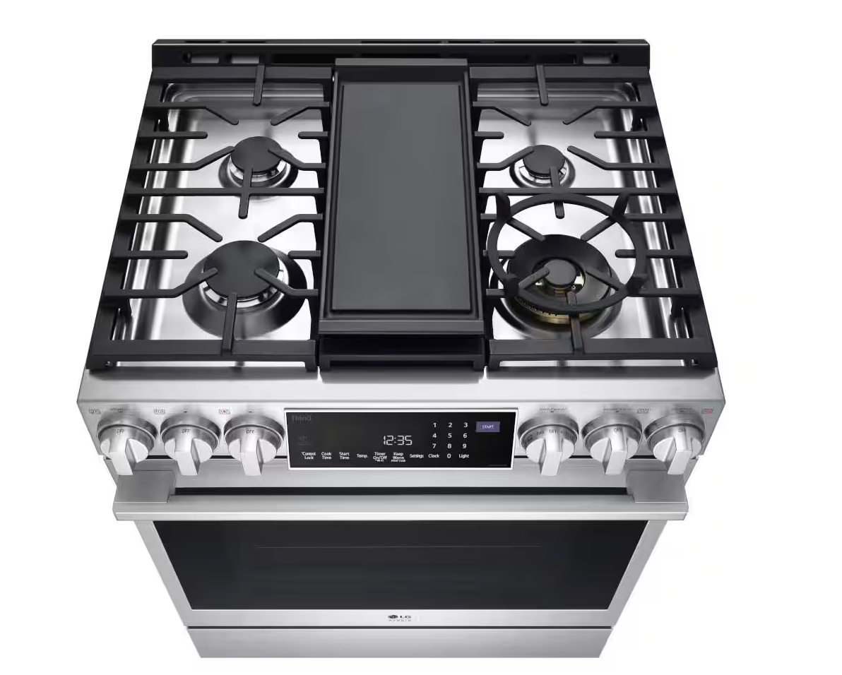 30 INCH LG Studio LSGS6338F Slide-In Gas Smart Range 5 Sealed Burners,6.3 cu. ft. Oven,Storage Drawer, Air Fry, Bake Convection, InstaView Window, Wi-Fi,, Voice Control,Ultra Heat Burner Stainless Steel * New Open Box *