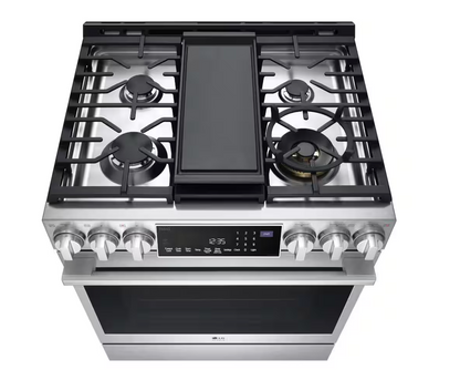 30 INCH LG Studio LSGS6338F Slide-In Gas Smart Range 5 Sealed Burners,6.3 cu. ft. Oven,Storage Drawer, Air Fry, Bake Convection, InstaView Window, Wi-Fi,, Voice Control,Ultra Heat Burner Stainless Steel * New Open Box *