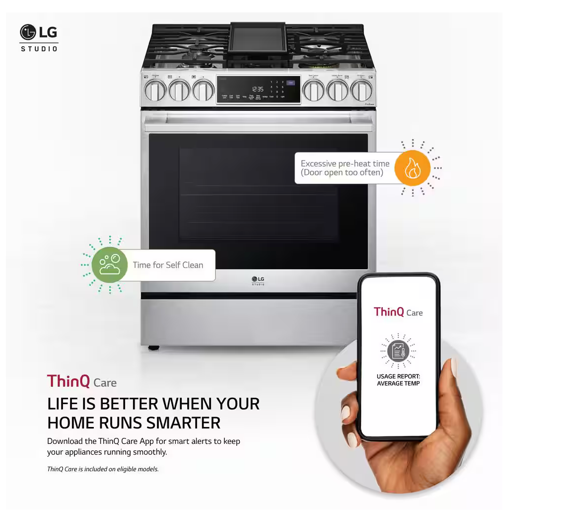 30 INCH LG Studio LSGS6338F Slide-In Gas Smart Range 5 Sealed Burners,6.3 cu. ft. Oven,Storage Drawer, Air Fry, Bake Convection, InstaView Window, Wi-Fi,, Voice Control,Ultra Heat Burner Stainless Steel * New Open Box *