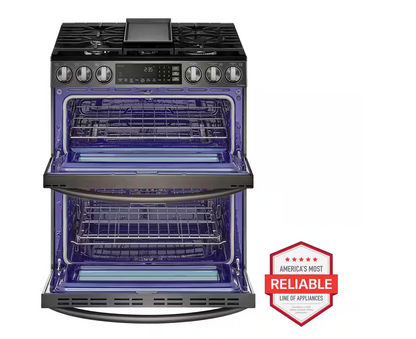 30 INCH LG LTGL6937D Slide-In Gas Range, Double Oven, Air Fry,  Smart * New Open Box *   5 Sealed Burners, Double Oven, 6.9 Cu. Ft.  Pro Bake Convection, Air Fry,  Touch Glass Controls, Wi-Fi,  Print Proof Black Stainless Steel .