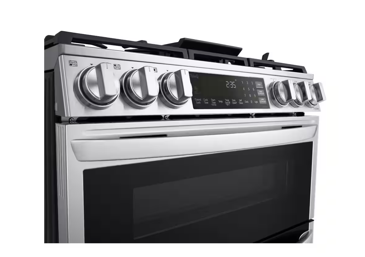 30 INCH LG LTGL6937F Slide-In Gas Range 5 Burners, Double Oven. * New Open Box ProBake Convection, Air Fry, EasyClean,  SmoothTouch Glass Controls, WideView Window, Wi-Fi Connectivity,  ThinQ Technology , UltraHeat Burner Print Proof Stainless Steel .