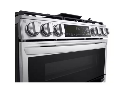 30 INCH LG LTGL6937F Slide-In Gas Range 5 Burners, Double Oven. * New Open Box ProBake Convection, Air Fry, EasyClean,  SmoothTouch Glass Controls, WideView Window, Wi-Fi Connectivity,  ThinQ Technology , UltraHeat Burner Print Proof Stainless Steel .