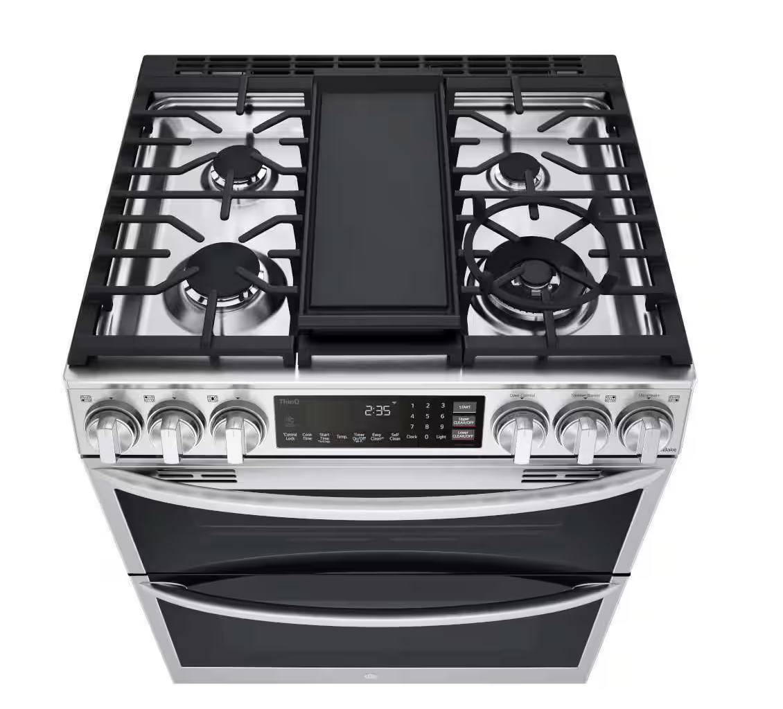 30 INCH LG LTGL6937F Slide-In Gas Range 5 Burners, Double Oven. * New Open Box ProBake Convection, Air Fry, EasyClean,  SmoothTouch Glass Controls, WideView Window, Wi-Fi Connectivity,  ThinQ Technology , UltraHeat Burner Print Proof Stainless Steel .