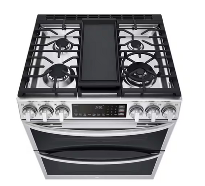 30 INCH LG LTGL6937F Slide-In Gas Range 5 Burners, Double Oven. * New Open Box ProBake Convection, Air Fry, EasyClean,  SmoothTouch Glass Controls, WideView Window, Wi-Fi Connectivity,  ThinQ Technology , UltraHeat Burner Print Proof Stainless Steel .