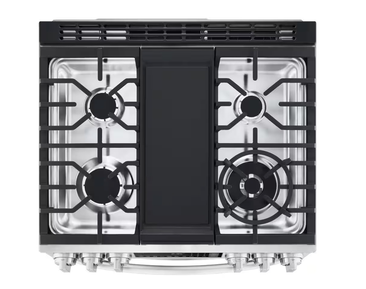30 INCH LG LTGL6937F Slide-In Gas Range 5 Burners, Double Oven. * New Open Box ProBake Convection, Air Fry, EasyClean,  SmoothTouch Glass Controls, WideView Window, Wi-Fi Connectivity,  ThinQ Technology , UltraHeat Burner Print Proof Stainless Steel .