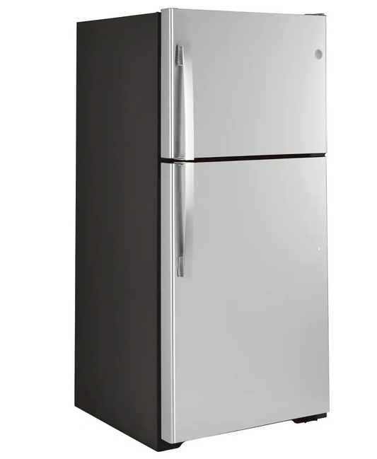 30 INCH GE  GTE19JSNRSS Top Freezer Refrigerator 19.2 Cu. Ft., Reversible Hinges, Adjustable Full-Width Glass Shelves, * New Open Box * Energy Star, Sabbath, ADA Compliant, Stainless Steel