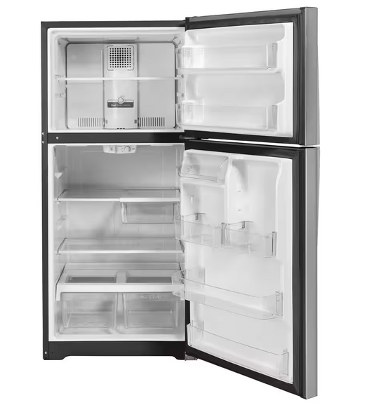 30 INCH GE  GTE19JSNRSS Top Freezer Refrigerator 19.2 Cu. Ft., Reversible Hinges, Adjustable Full-Width Glass Shelves, * New Open Box * Energy Star, Sabbath, ADA Compliant, Stainless Steel