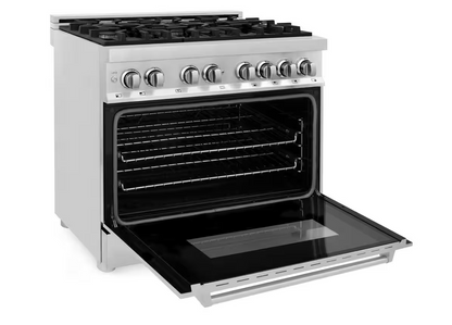 36 INCH ZLINE  RA36  Freestanding Dual Fuel Gas Range 6 Sealed Italian Burners, 4.6 cu. ft. Oven Continuous Grates, Convection,Smooth Glide Racks, Porcelain Cooktop,Stainless Steel * New Open Box *